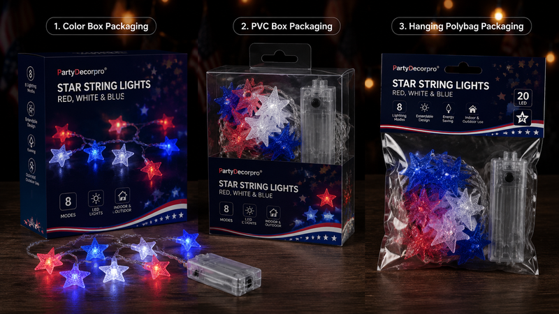 Star string lights packaging options showing color box PVC box and hang bag designs with red white blue LED star lights