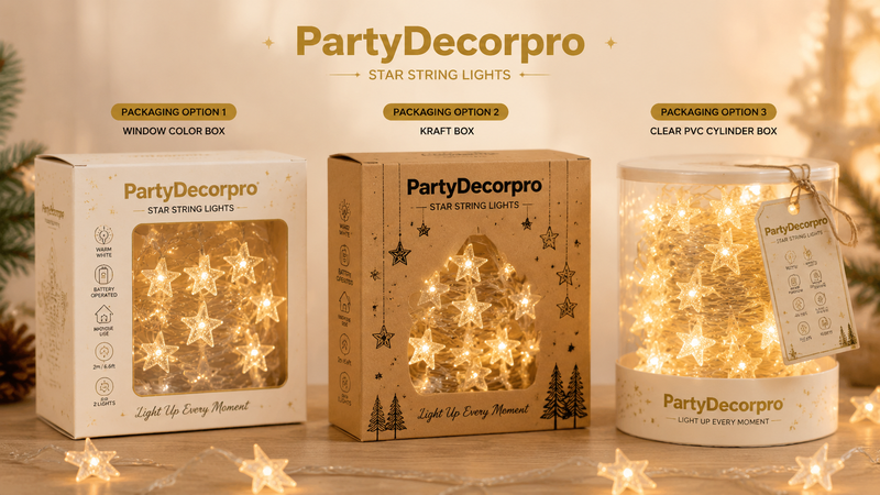 Star string lights packaging showcase featuring window box kraft box and clear cylinder box with customizable design options