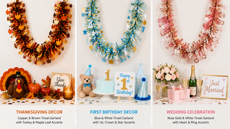 Patriotic metallic star tinsel garland in red white and blue displayed in festive themed variations for party decoration wholesale