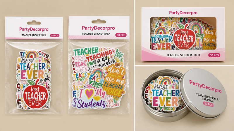 Sticker pack packaging options including pouch, window box and tin container display for retail presentation.