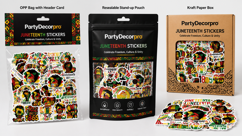 Three packaging solutions for sticker products including OPP bag, resealable pouch, and kraft box for retail distribution