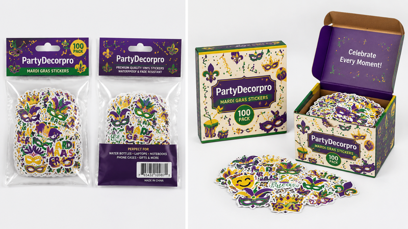 Mardi Gras Sticker Packaging Options showing resealable bag and retail box presentationv
