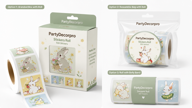 Sticker roll packaging design showing box, resealable pouch, and belly-band roll options with cute bunny themed labels