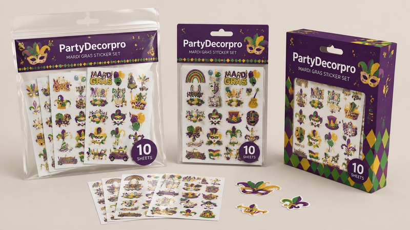 Mardi Gras themed sticker set shown in pouch, hang card and box packaging designs with colorful festive graphics