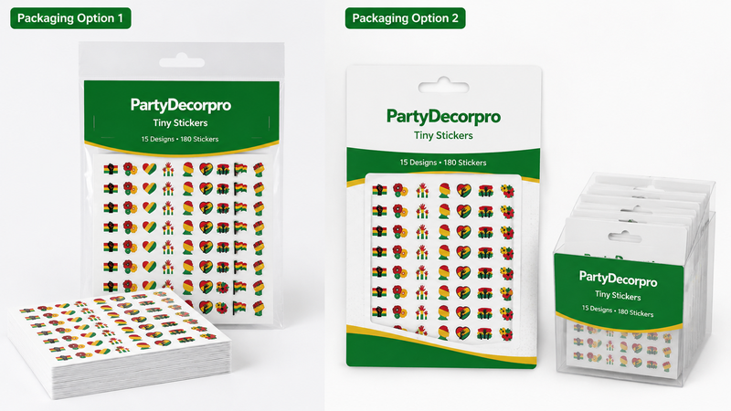 Sticker sheet packaging options showing resealable pouch and retail display box with organized sticker layouts for wholesale use