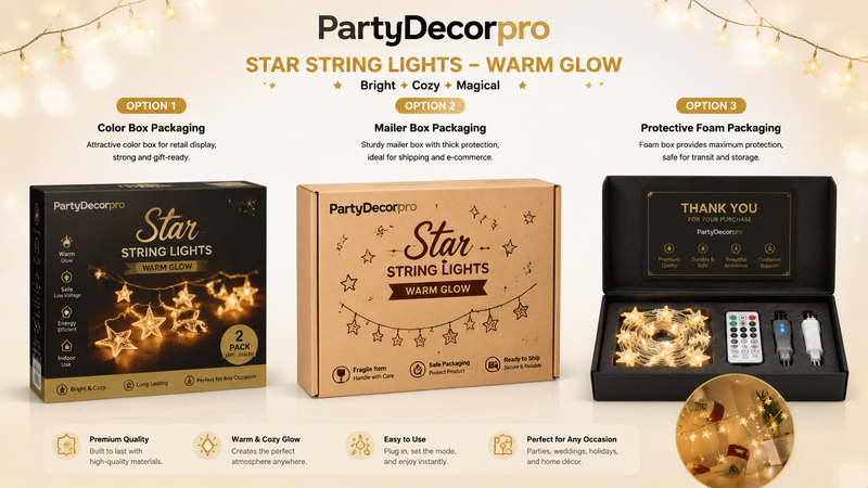 String lights packaging infographic showing color box mailer box and protective foam options for wholesale product customization and shipping