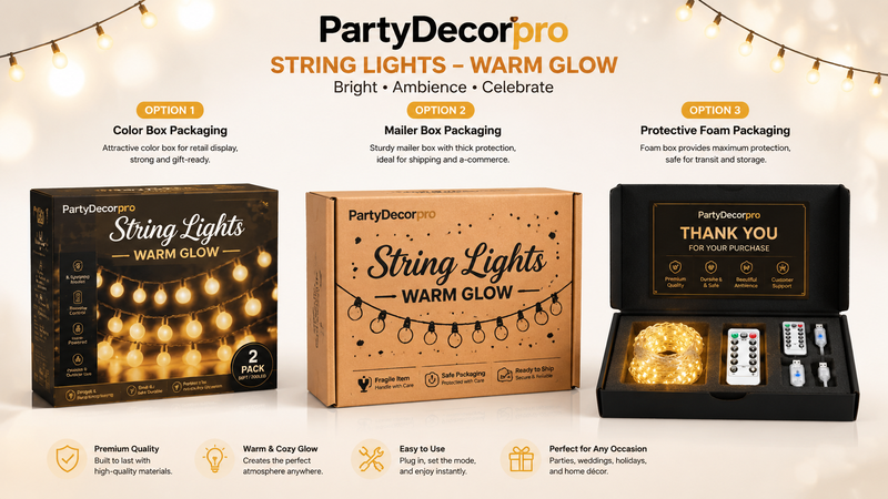 String lights packaging infographic showing three protective packaging solutions including color box mailer box and foam insert options for wholesale product customization and shipping protection