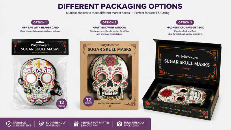 Sugar skull masks packaging options showing OPP bag, kraft window box and magnetic gift box in a clean product infographic layout