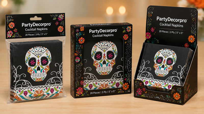 Sugar skull cocktail napkin packaging options in bag window box and display box formats with custom branding wholesale