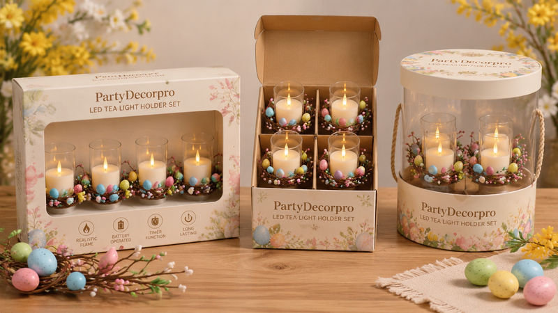 Tea light holder packaging options including window box kraft box and cylindrical gift packaging for wholesale retail display