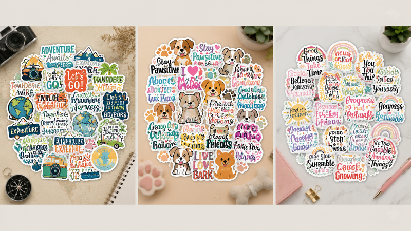 Colorful teacher-themed motivational sticker collection featuring die-cut vinyl designs, inspirational quotes and playful typography, suitable for B2B wholesale and retail packaging use