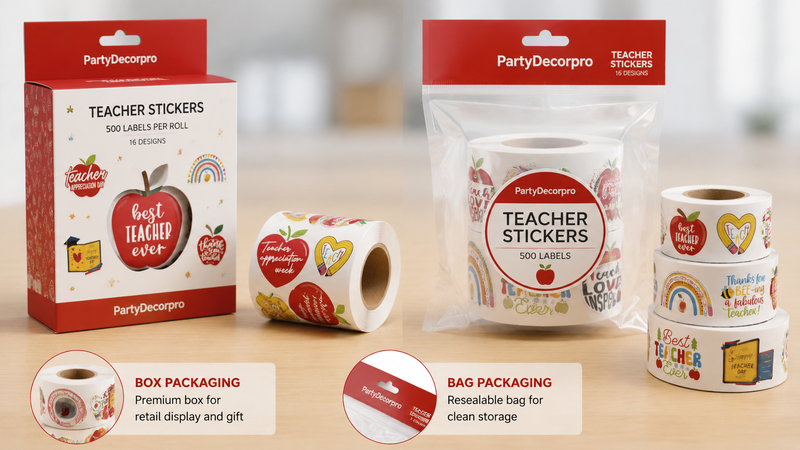 Teacher sticker roll packaging design showing box and resealable bag retail options with customizable branding solutions