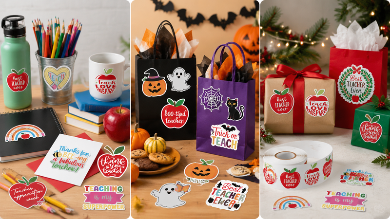 Teacher appreciation vinyl sticker set featuring apple, rainbow and quote themed adhesive decals for classroom rewards and gifts