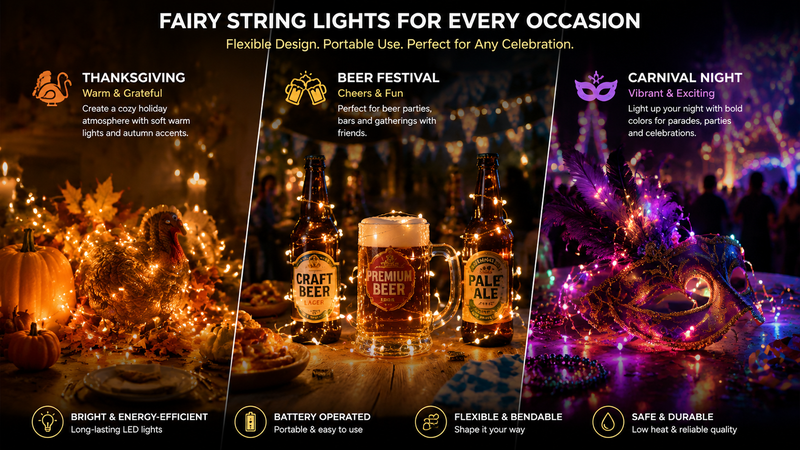 Thanksgiving beer festival carnival night themed string lights promotional banner with warm decorative lighting festive party atmosphere LED fairy lights display