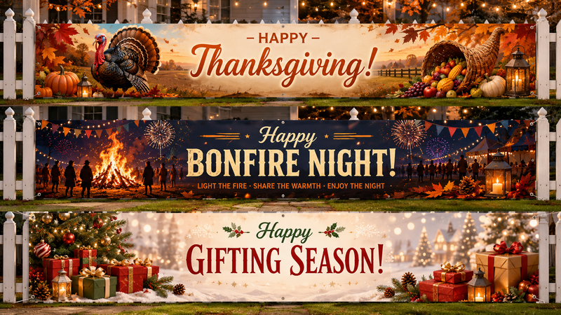 Festive banners for Thanksgiving, Bonfire Night, and Gifting Season with seasonal decorations.