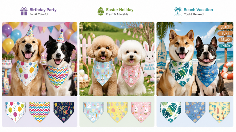 Festive dog bandana set with multiple autumn Thanksgiving themed designs for wholesale pet accessories product display