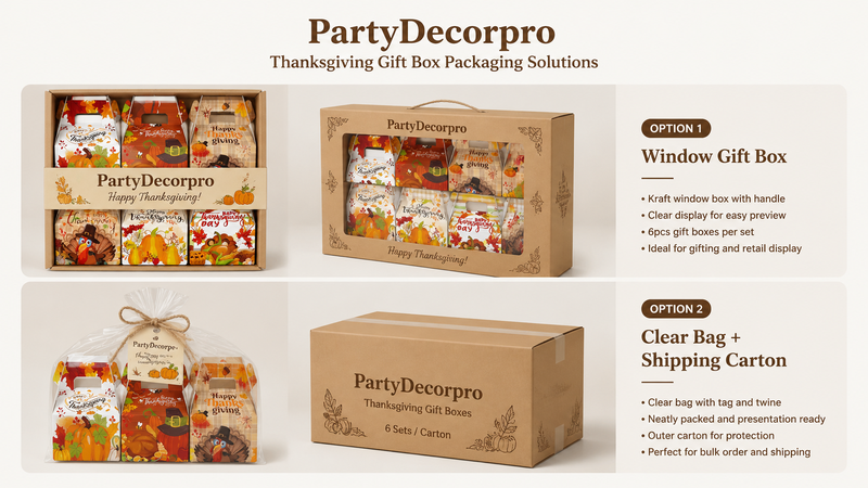 Thanksgiving gift box packaging solutions showing window box and clear bag carton shipping options for retail display
