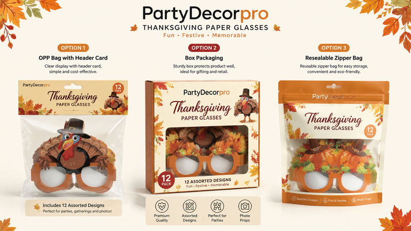 Thanksgiving themed party glasses packaging mockup showing bag box and zipper pouch options for wholesale customization and branding