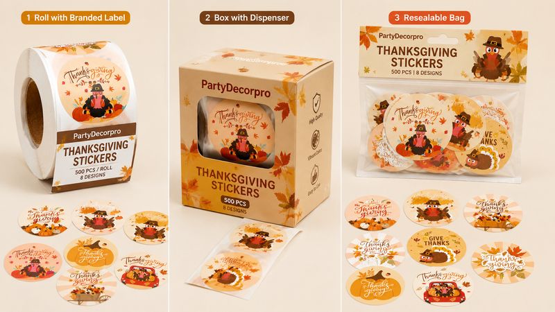 Custom Thanksgiving sticker packaging solutions with roll, box, and resealable bag designs