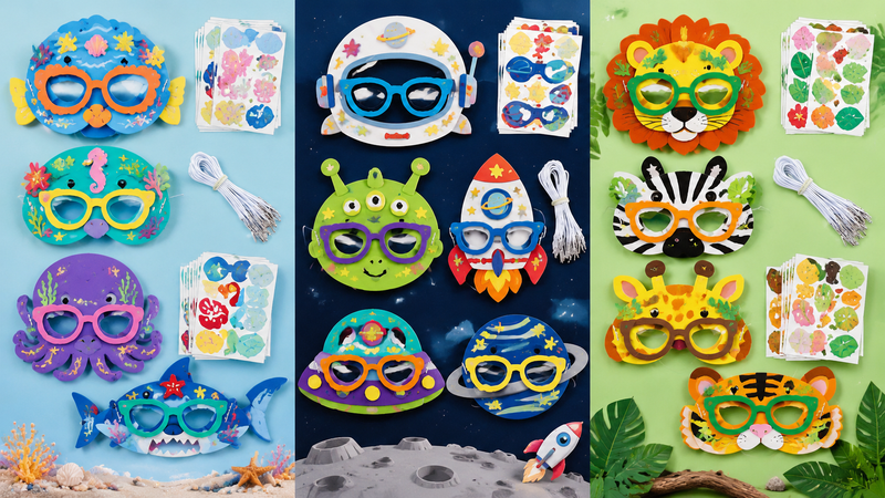 Colorful turkey mask craft kits with themed feather designs and DIY sticker accessories arranged in a creative layout for party craft use