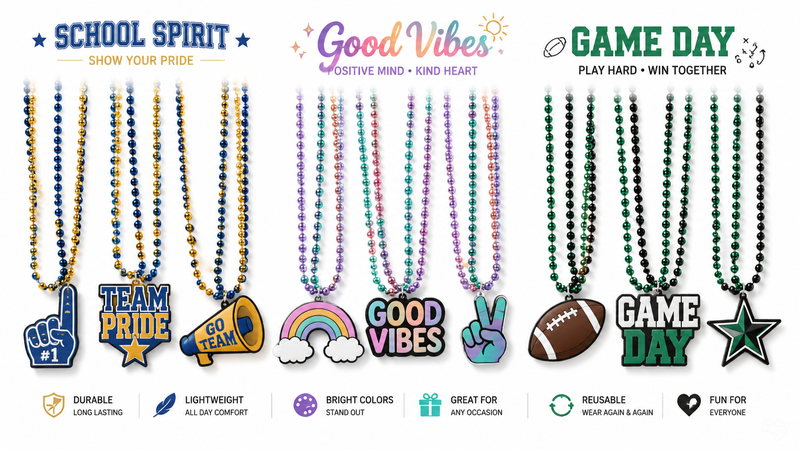 Themed bead necklaces display featuring school spirit, good vibes, and game day designs for wholesale party jewelry
