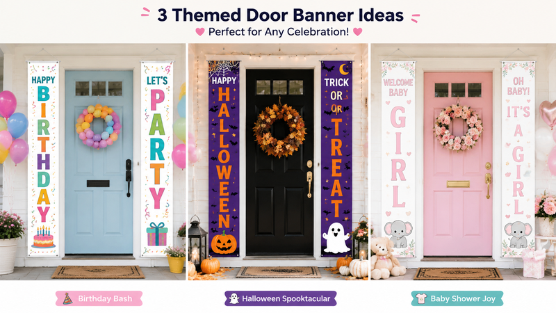Three themed door banner ideas for Birthday, Halloween, and Baby Shower celebrations, colorful and festive setup.