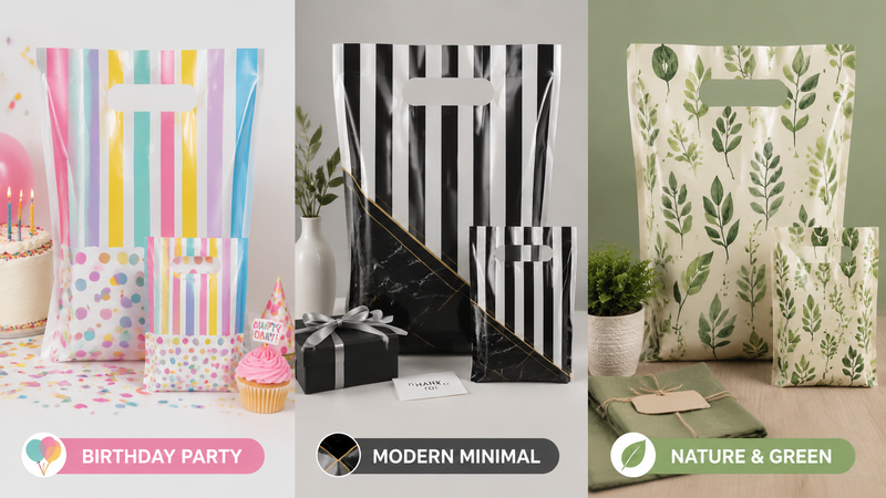Three themed gift bags displayed: colorful birthday stripes, black-and-white modern minimal, and green botanical nature style.