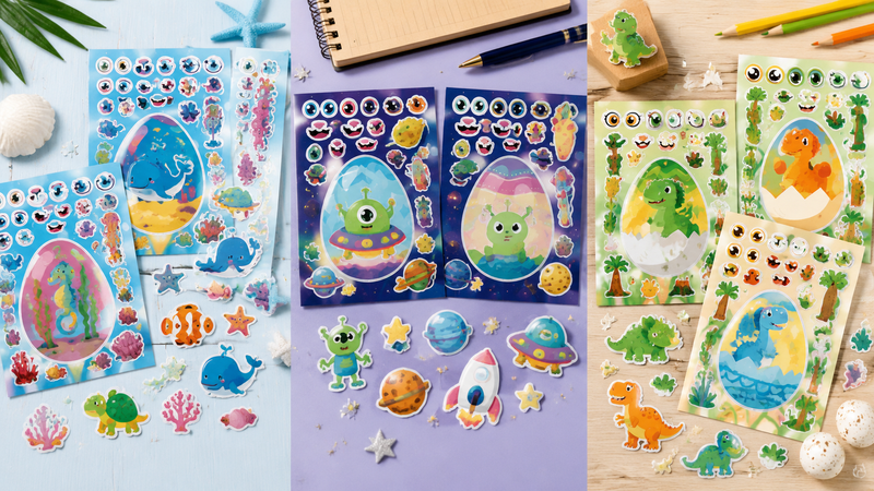 Colorful themed sticker sheet set featuring ocean space and jungle style die-cut cartoon stickers in a vibrant flat lay product display