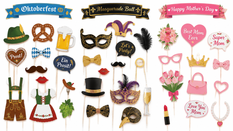 Oktoberfest masquerade ball and Mother’s Day themed photo booth props each mounted on a single stick for party decoration and event photography