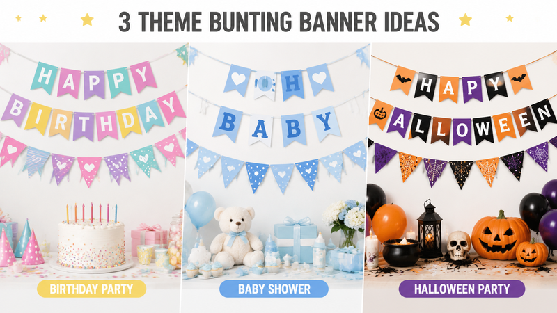 Promotional image showing three themed party banners for Birthday, Baby Shower, and Halloween with matching decorations.