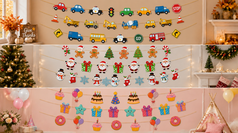 Three-layer festive banner with vehicle, Christmas, and birthday themes in a decorated indoor setting