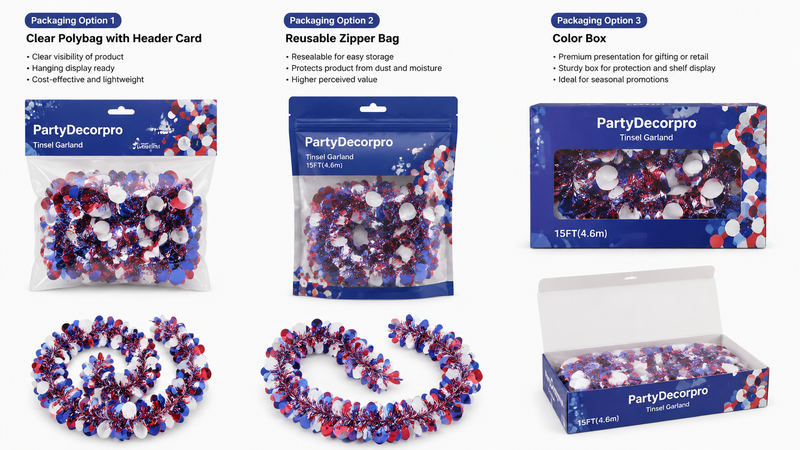 Three packaging options for tinsel garland including polybag, zipper bag and color box with customizable branding solutions