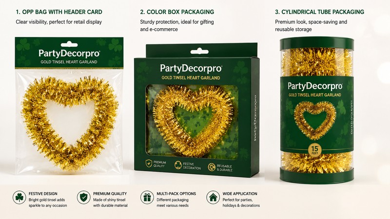 Gold heart tinsel garland product packaging display with multiple retail box and tube options
