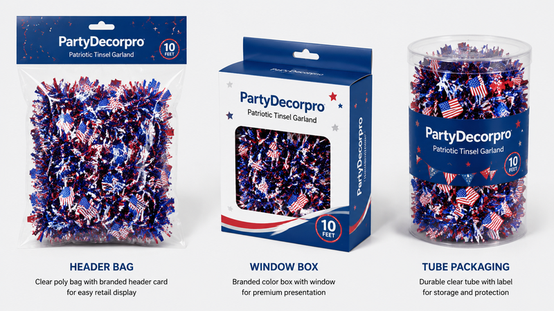 Patriotic tinsel garland packaging options including header bag window box and tube for wholesale party decoration supply