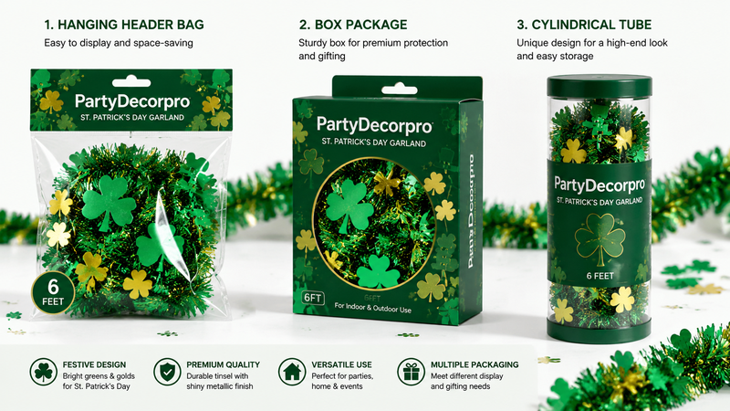Tinsel wreath packaging options including OPP bag box and cylindrical tube display for retail and wholesale product presentation