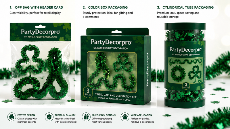 St Patrick themed tinsel wreath packaging options including OPP bag box and cylindrical tube display for retail and wholesale
