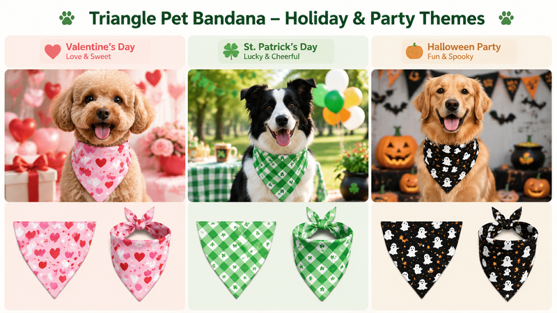 Festive triangle pet bandanas with St. Patrick’s, striped and themed designs for dogs in wholesale customization.