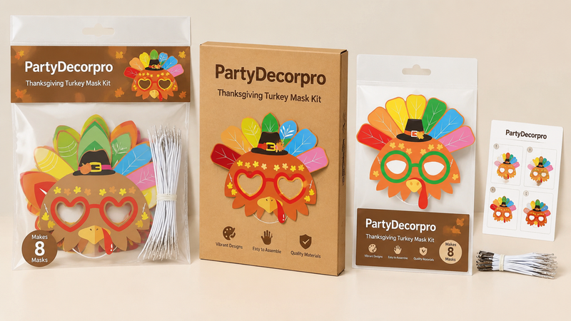 Turkey mask kit packaging concepts with clear pouch kraft box and hang card display including accessories and elastic cords
