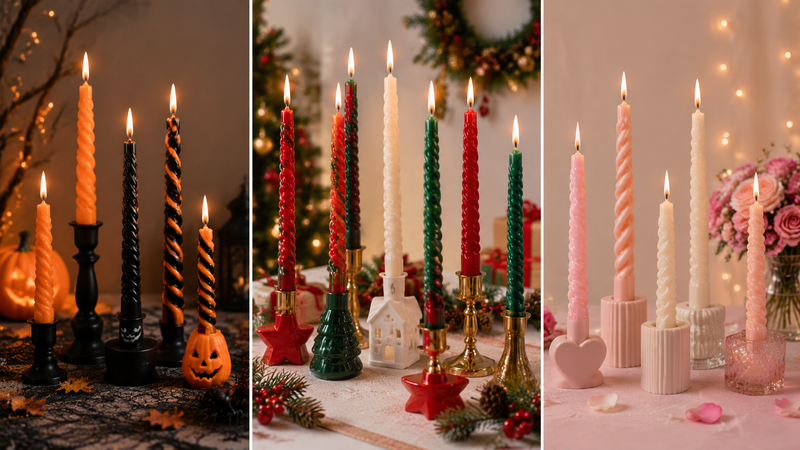 Orange twisted spiral taper candles with flame for festive holiday table decoration wholesale