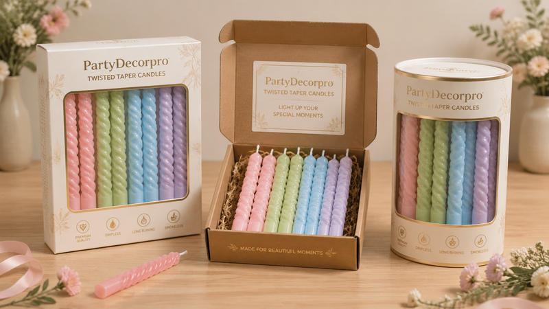 Twisted taper candle packaging options including box drawer and tube gift packaging for wholesale retail display