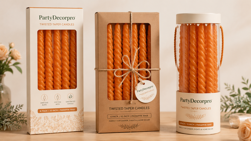 Orange twisted taper candles packaging in window box kraft box and cylindrical tube display