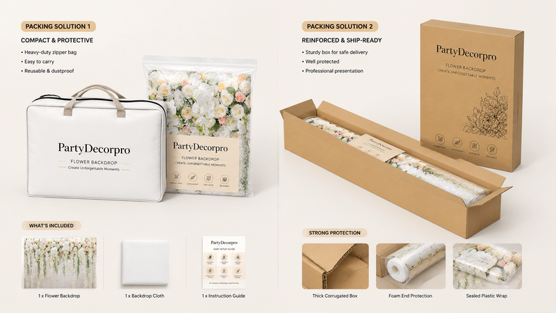 Floral backdrop packaging options with custom solutions for secure shipping and brand presentation