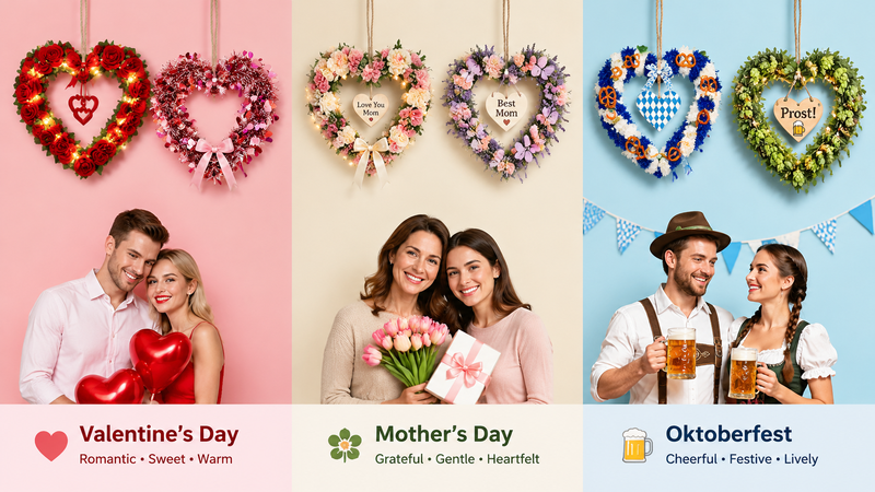 Three themed heart wreath party decorations with Valentine Mother’s Day and Oktoberfest celebration concepts featuring couples and festive props