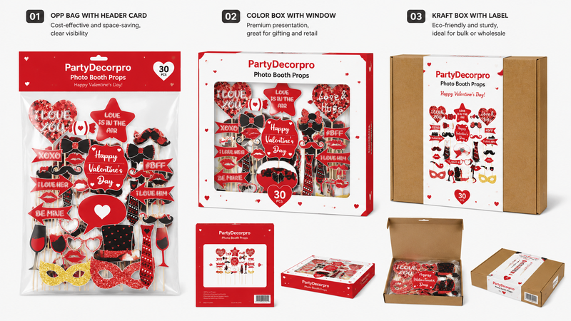Valentine photo props packaging options including OPP bag, window box and kraft box for wholesale
