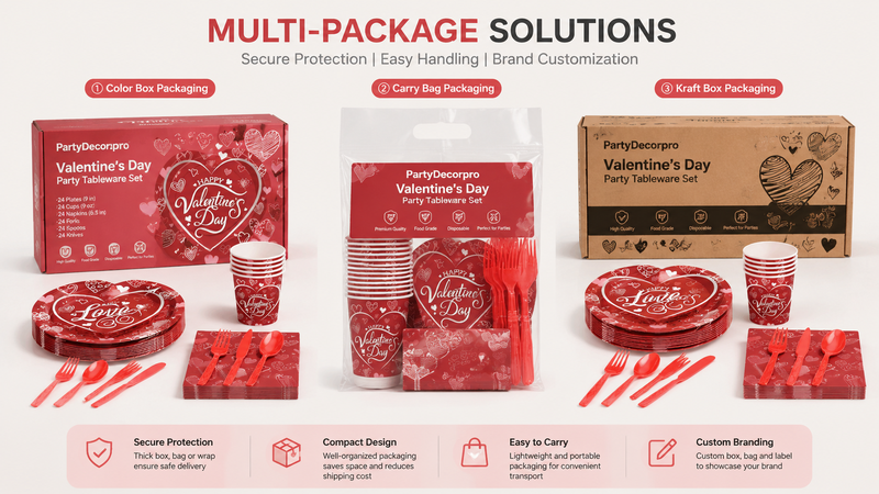 Custom Valentine’s Day tableware packaging solutions with gift box, carry bag and kraft carton options for party supplies