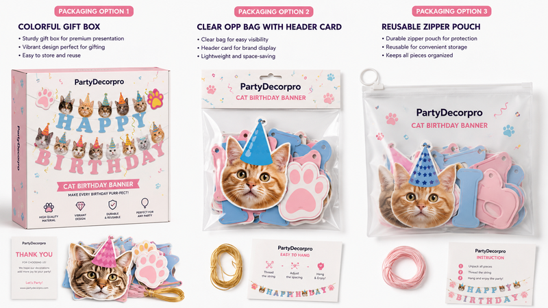 Cat birthday banner packaging options including colorful gift box, clear OPP bag, and reusable zipper pouch.
