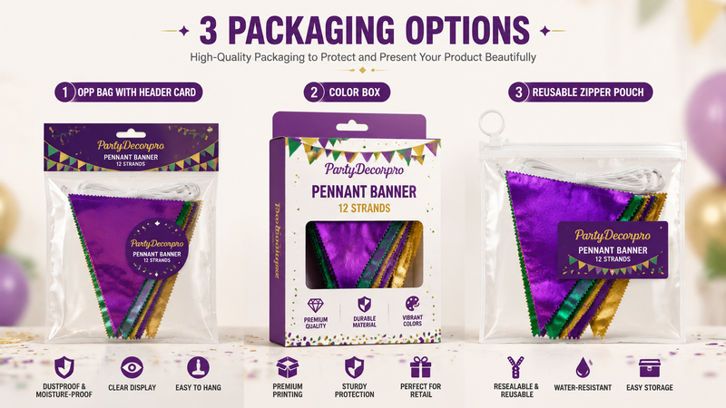 Customizable pennant banner packaging options showing clear display, color box, and reusable pouch.