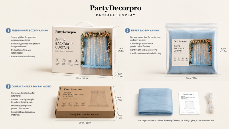 Custom Packaging Options for Wedding Backdrop Curtain Including Gift Box Zipper Bag and Mailer Box for Wholesale Party Decorations