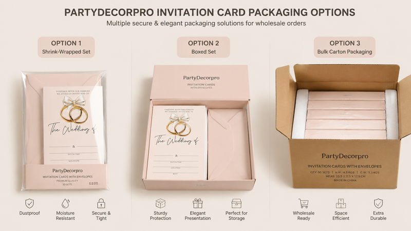 Three packaging options for wedding invitation cards including OPP bag, gift box, and carton for wholesale customization