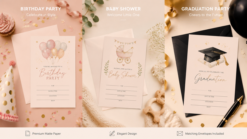 Elegant wedding and party invitation cards set with matching envelopes, featuring multiple themed designs on premium matte paper for wholesale customization